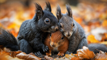Obraz premium Three squirrels in different colours (black, red and grey) cuddle together in a forest