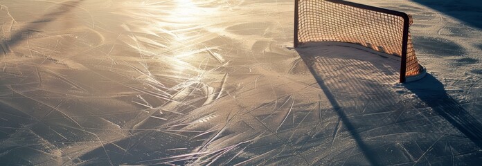 Empty outdoor ice hockey rink at sunset, with a goal and long shadows cast across the ice, capturing the essence of winter sports.