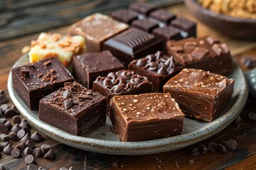 An assortment of fudge pieces in flavors like chocolate, vanilla, and peanut butter, arranged on a plate. 