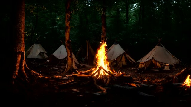 A beautiful view of a nighttime campsite nestled in the forest, with a campfire in the center that burns and illuminates the darkness around it,Seamless looping 4k time-lapse animation video backgroun