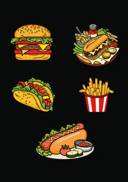 fast food collection, Burger, Nacos, Tacos. French Fries, Hotdog