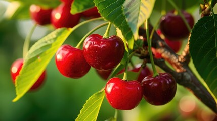 Sweet Red Cherries Growing on the Tree in a Close up Shot