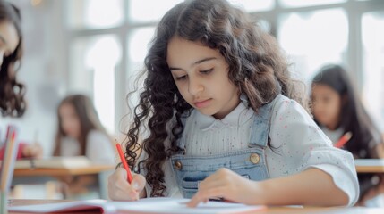 The focused schoolgirl writing