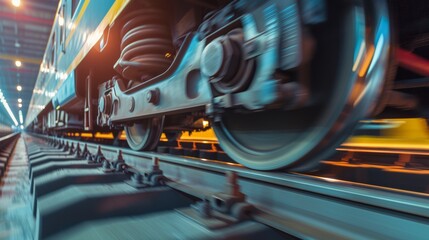 Industrial rail train wheels closeup motion technology perspective conceptual background