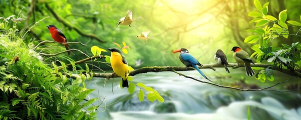 A serene nature scene with a flowing river, lush green foliage, and colorful birds perched on tree branches.