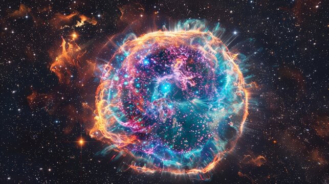 Stunning supernova remnant with colorful gas and dust expanding outward, the explosion remnants set against the backdrop of the starry cosmos, illustrating the life cycle of stars