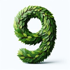 Number 9 made out of green leaves, white background