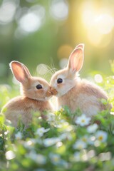 Obraz premium Two baby rabbits sharing a kiss amidst lush greenery, illuminated by soft sunlight. Perfect for nature and animal-themed projects.