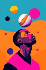 A stylized portrait of a man with a basketball floating above his head, set against a vibrant abstract background.