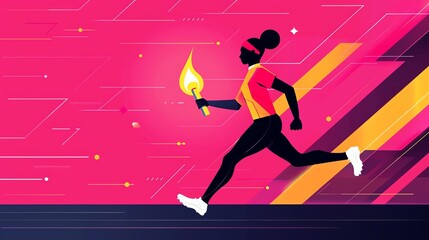 A woman runs with a torch, symbolizing progress, determination, and the pursuit of goals. The vibrant background evokes energy and excitement.