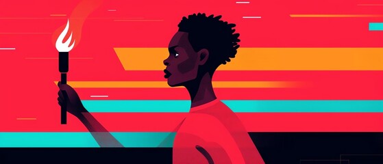 A young person holds a torch with a red background.