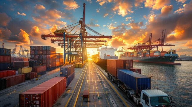 Aerial view of a container ship docked at a bustling port with large cargo cranes unloading shipping containers onto waiting trucks for distribution