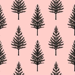 Obraz premium Artistic hand-drawn pine trees pattern on a pink background. Ideal for design and nature-themed projects.