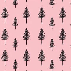 Fototapeta premium Artistic hand-drawn pine trees pattern on a pink background. Ideal for design and nature-themed projects.