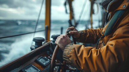 Closeup view of a ship s captain navigating through turbulent high seas with a focus on the controls and instrumentation panel on the bridge of the vessel