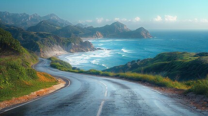 Obraz premium coastal road with waves crashing against the cliffs. The road curves along the coastline, with the ocean on one side and lush green hills on the other