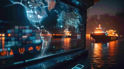 Digital dashboard displaying real time monitoring and analytics of cargo ship movements trade routes
