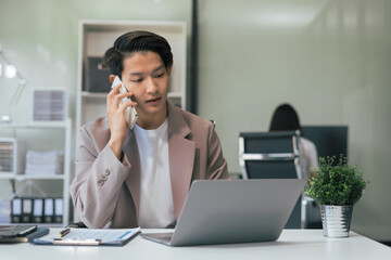 Success at work in the office concept,  Happy man, entrepreneur, small business owner working online.