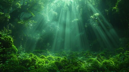 Fototapeta premium A lush green forest with sunlight filtering through the dense canopy. Rays of light create a magical, ethereal effect, and the forest floor is covered in soft moss