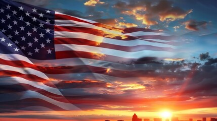 Double exposure of the American flag and a sunset skyline minimal and clean ideal for patriotic wallpapers and advertising photos with text areas