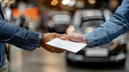 Insurance agent handing over a car insurance policy document to a happy and satisfied customer signifying a successful business transaction and partnership