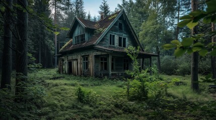 An old abandoned broken wooden house in the middle of a forest