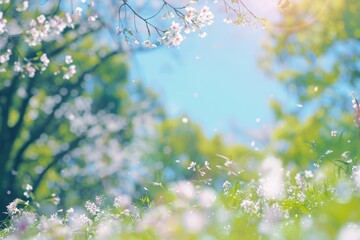 Beautiful blurred spring background nature with blooming glade, trees and blue sky on a sunny day