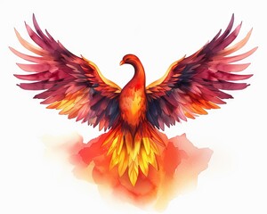A vibrant, colorful illustration of a phoenix rising from flames, symbolizing rebirth and resilience with open, majestic wings.