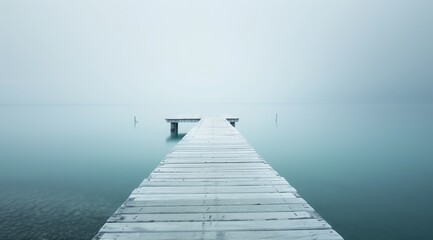 Obraz premium Wooden Pier Extending into Calm Misty Lake with Minimal Horizon and Serene Atmosphere in Soft Blue and White Tones under Foggy Sky