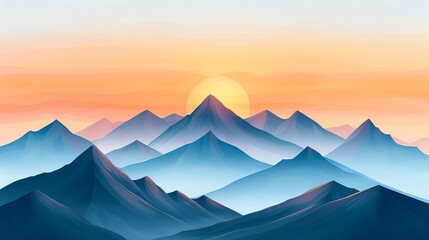 Fototapeta premium Beautiful sunrise over blue mountain peaks with a warm orange sky, creating a serene and tranquil landscape scene full of natural beauty.