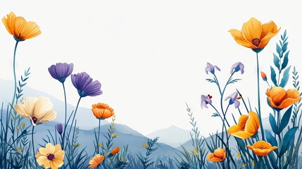 Naklejka premium Colorful floral border with wildflowers in bloom, creating a cheerful and natural frame. Ideal for backgrounds or greeting cards.