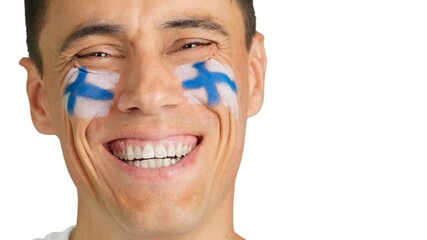 Man with a finnish flag painted on the face smiling