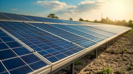 A solar panel field with a blue sky in the background
