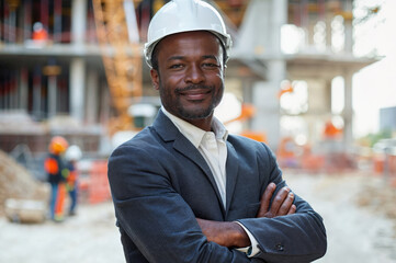 Male builder, engineer. Portrait of smiling black man in jacket and white helmet against background of building under construction