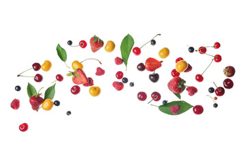 Flying different fresh berries with leaves on white background