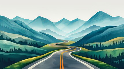 Scenic winding road through mountains with layered hillsides, beautifully illustrating a serene and picturesque travel destination.