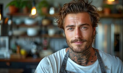 Obraz premium Hyper-Realistic Portrait of Handsome Hipster Man in White Barbecue Apron