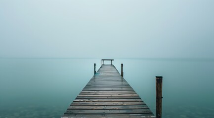 Fototapeta premium Weathered wooden dock reaching calm turquoise lake in misty sky symmetrical perspective serene atmosphere on pier atmospheric mood
