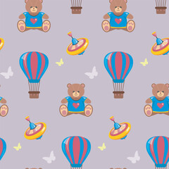 Seamless children pattern. Toys pattern on violet background.