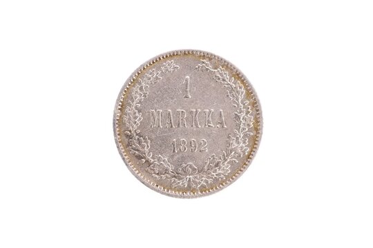 Closeup of front of 1 markkaa coin of Finland, minted in 1892.