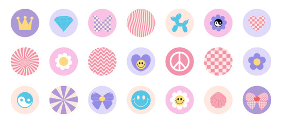 Round y2k aesthetic stickers set. Trendy highlights covers  for social media, design elements, 2000s retro icons. Flowers, hearts, butterfly  illustration. Vector