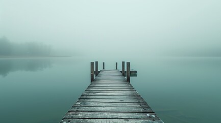 Minimalist Long Exposure of Empty Pier on Serene Lake in Foggy Weather