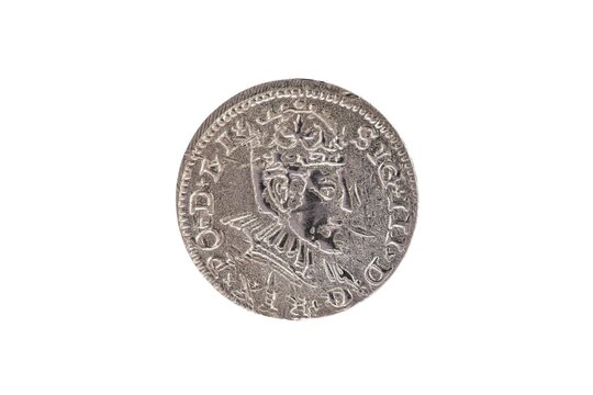 Closeup of backside of reproduction of 3 groschem coin from Riga, Latvia, from 1590.