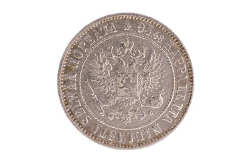 Closeup of backside of 1 markkaa coin of Finland, minted in 1892.