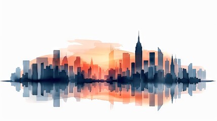 Stunning watercolor painting of a city skyline at sunset, showcasing tall buildings with reflections on a calm water surface.