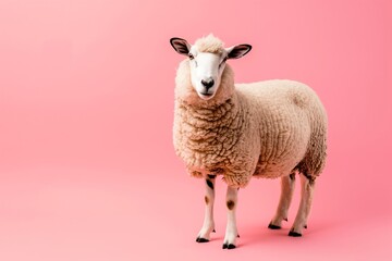 Fototapeta premium Adorable sheep standing against a pink background, perfect for farm animal and whimsical-themed projects.