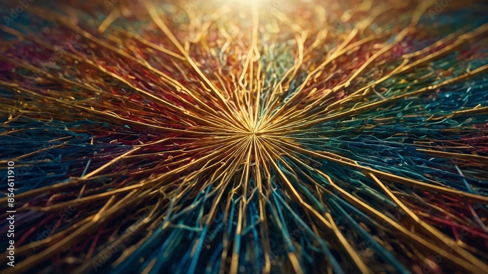 Poster radiant array of lines emanates from central point, creating burst of color that resembles abstract 