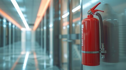Red fire extinguisher in modern office hallway.