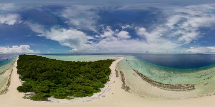 Tropical island with sandbar and beach. Malaysia. Timba Timba Island. 360 panorama VR.