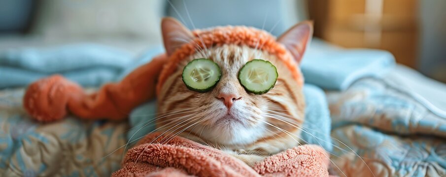 A delightful cat indulges in a spa day, adorned with cucumber slices on its eyes and a cozy bathrobe and turban. This charming image focuses on wellness and relaxation for pets, providing ample copy